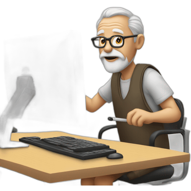 old man with a cane stands at a computer desk emoji