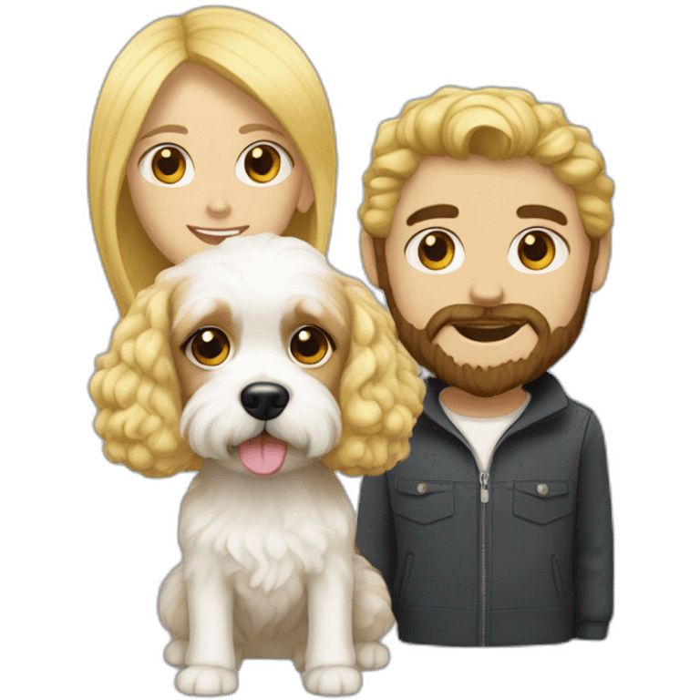 White Cavapoo with a blonde girl and a bearded dark haired guy emoji