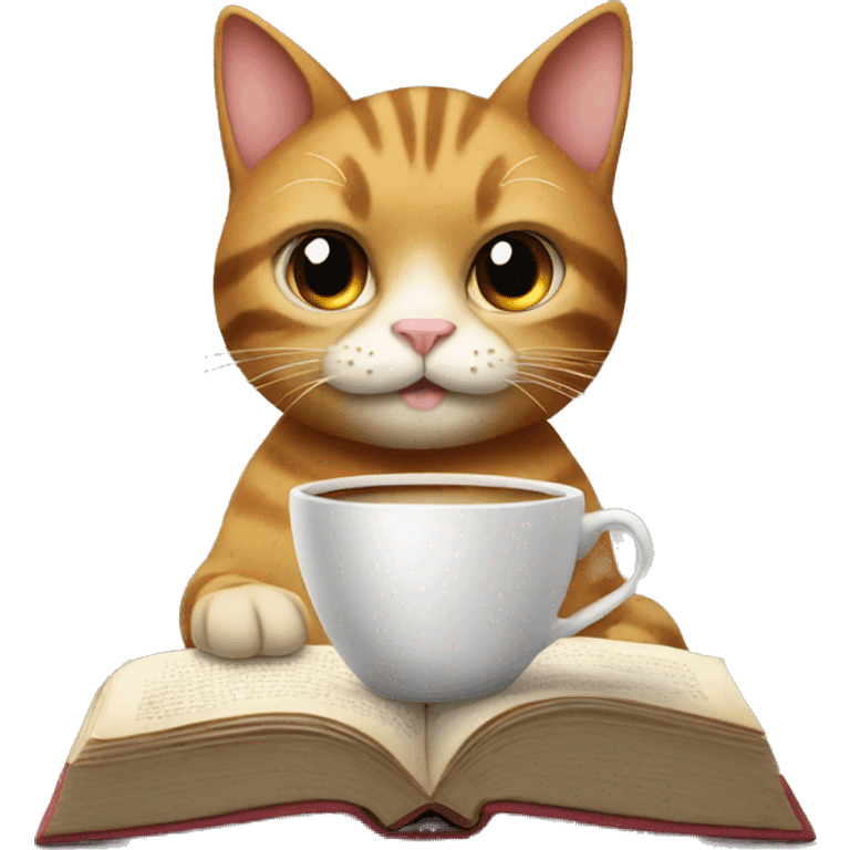 cat reading book and drinking coffee emoji