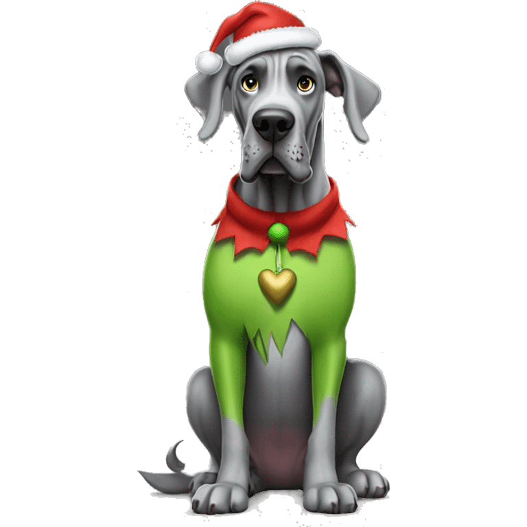 Grey great dane wearing a the grinch costume emoji