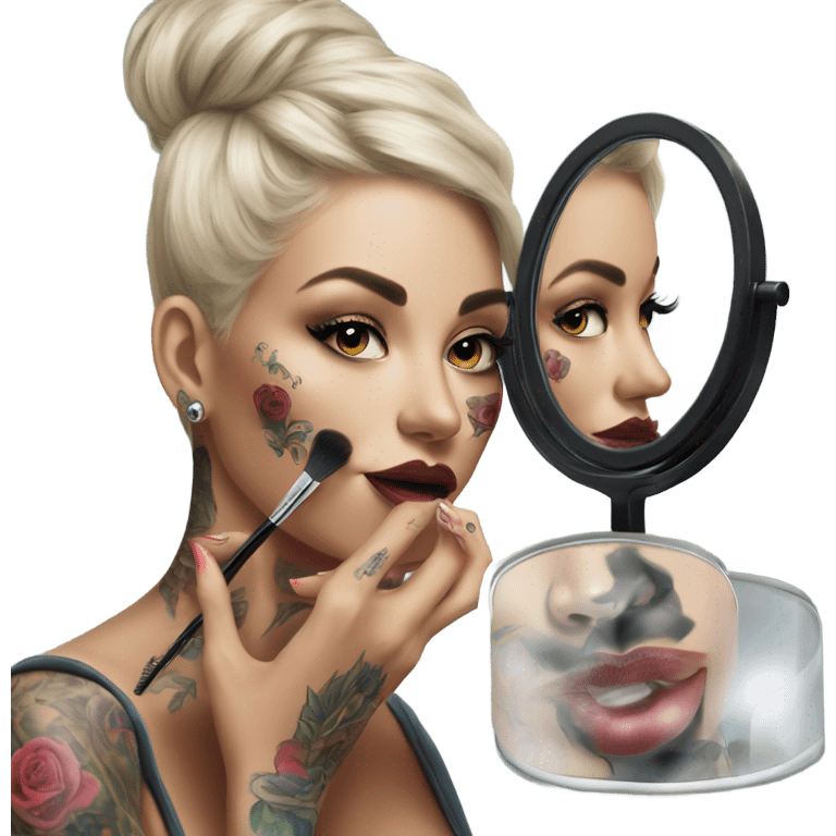 Hyper Realistic Beautiful tattooed woman applying her makeup in a mirror  emoji