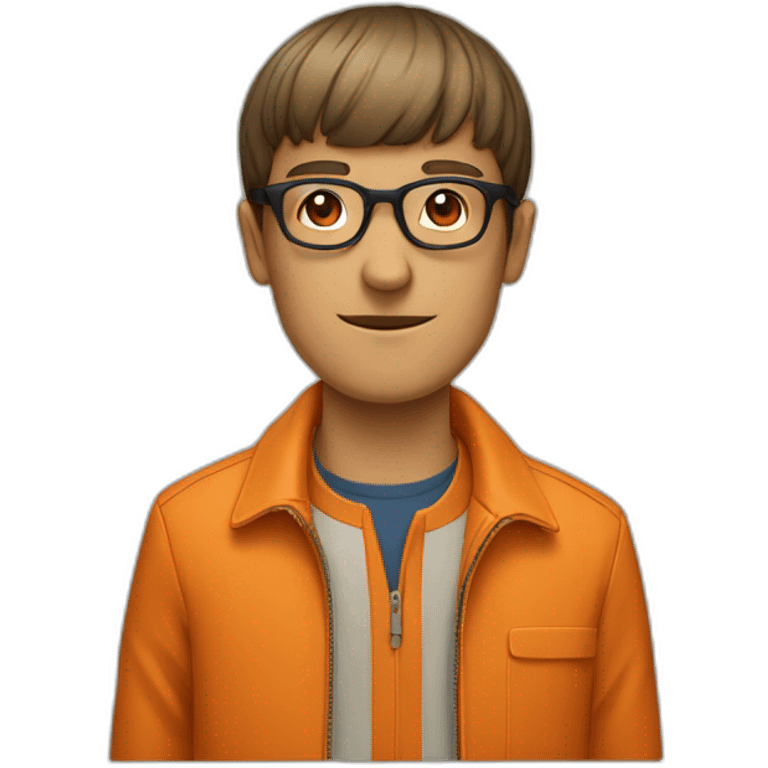 a man with a bowl cut brown squar glasses, a orange jacket emoji