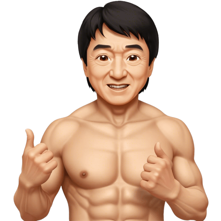 Cinematic Realistic Jackie Chan Pop Culture Emoji, depicted with playful agility and charismatic charm rendered with lifelike textures and vibrant, action‚Äêpacked lighting. emoji