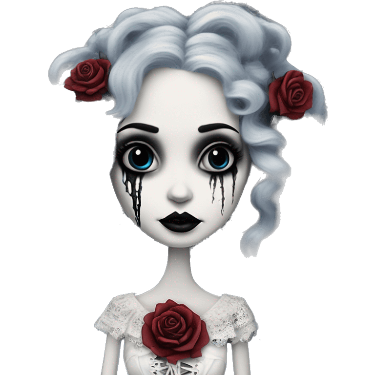 tim burton corpse bride, porcelain doll with a cracked face, goth makeup, long hair, lace and ruffles, lolita style, inked, black and white, red roses emoji