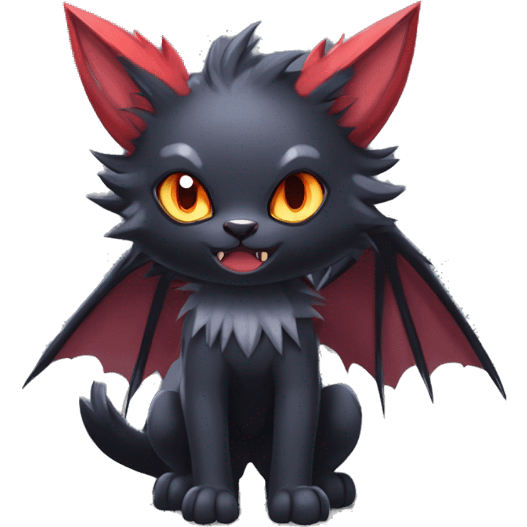   cool edgy pretty kawaii beautiful fantasy anime-style dark animal vampiric Litten-Zoroark-Nargacuga-cat-hybrid Fakemon with big fangs and bat-ears full body emoji