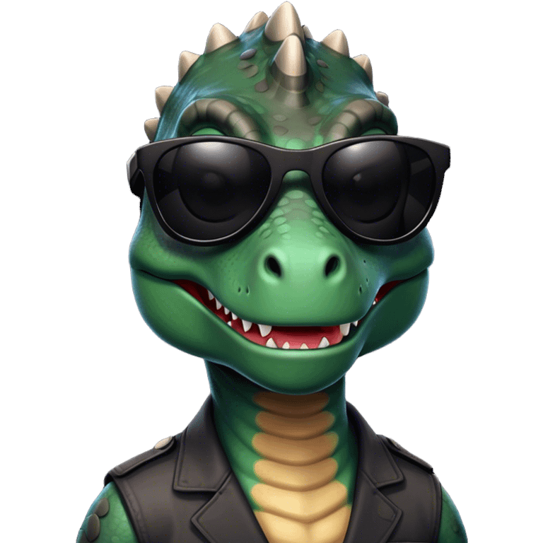 face of a dinosaur with total black sunglasses on emoji