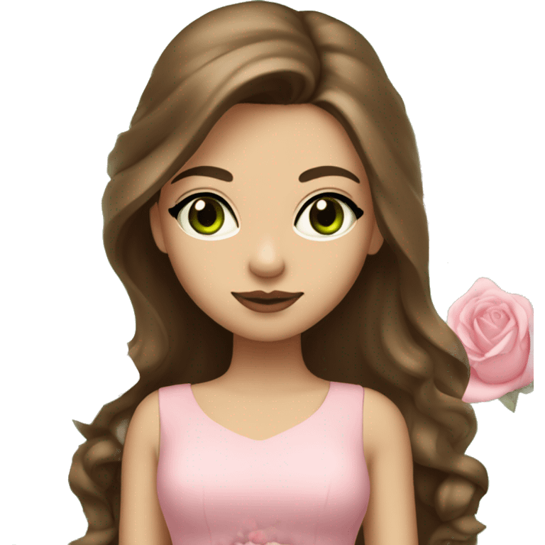 girl long brown hair, big lips green eyes, very fair skin and a pink dress and white roses emoji