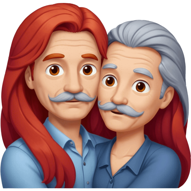 Long red hair woman and gray hair man with mustache and without wrinkles hugging emoji