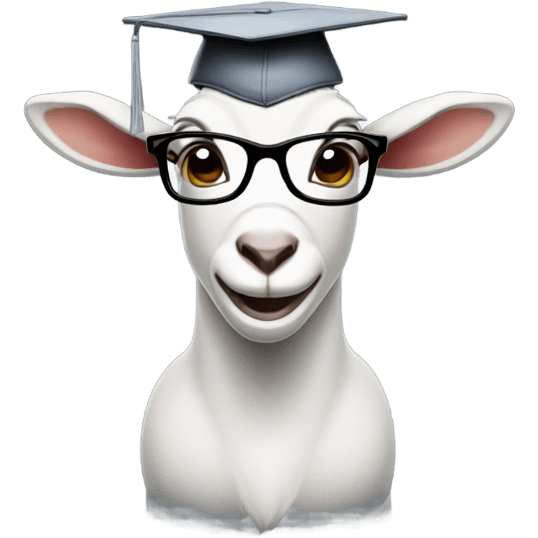 a smart nerdy goat wearing glasses and graduation hat smirking emoji