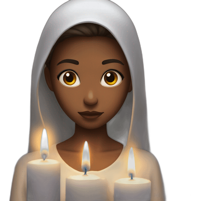 a girl with white skin ridiculously prays at a candle in front of her emoji