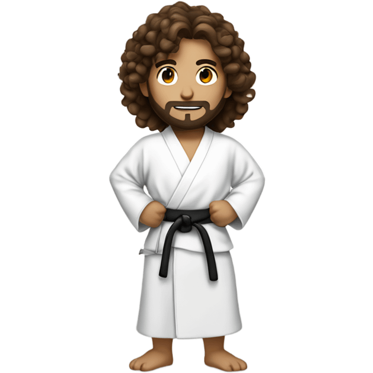 young sensei with brown long curly hair that's facing upwards and beard wearing a white robe and holding martial arts equipment emoji