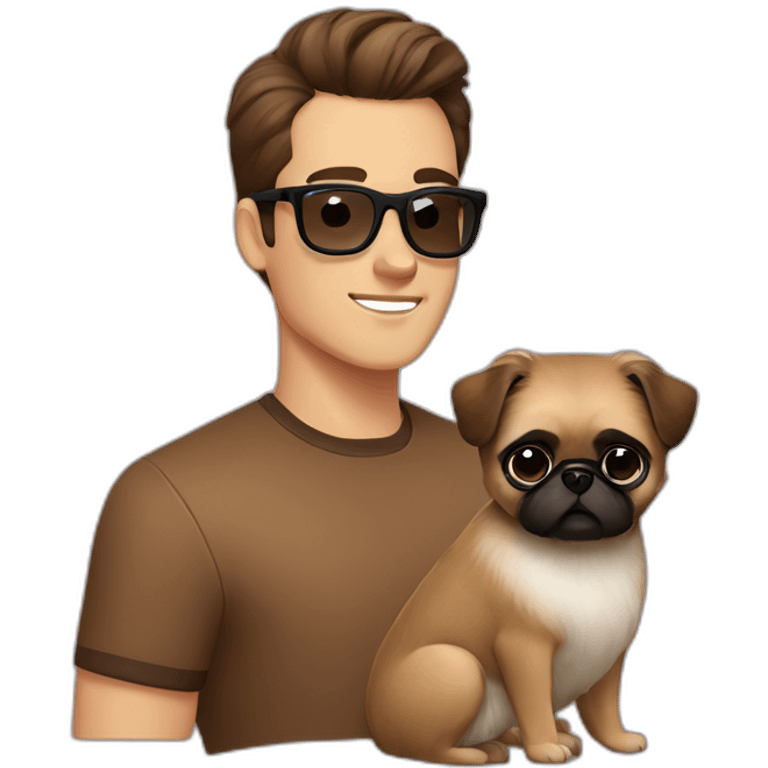 Young man with brown pompadour and dark glasses and brown hair with Pekingese dog emoji