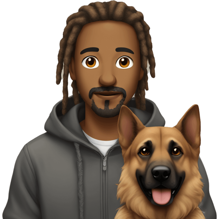 man with dreadlocks, mustache and goatee dressed in a hoodie alongside a brindle colored german shepherd dog emoji