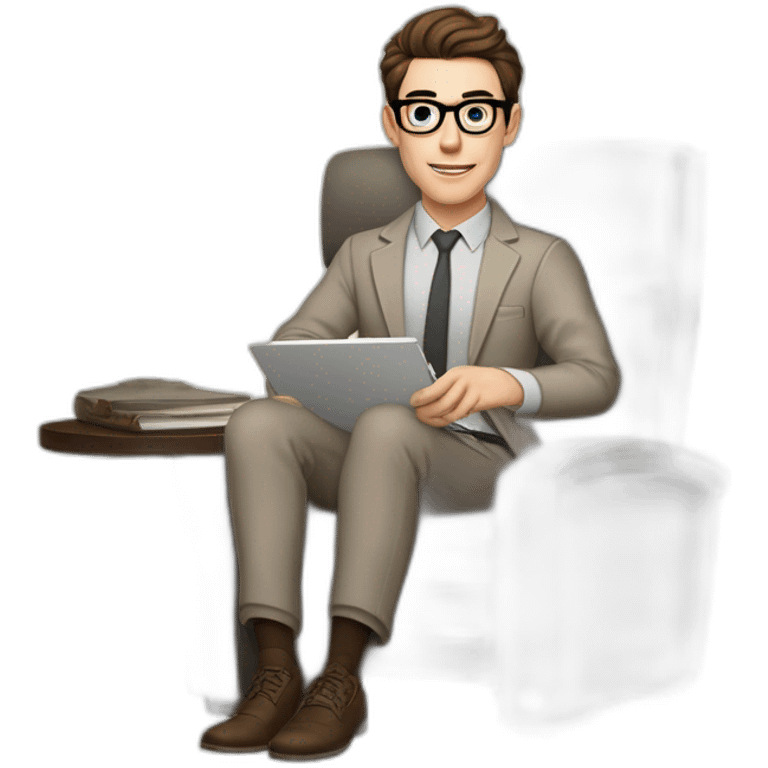 Pale skinned Fit Man With dark brown hair in gray jacket, beige office shirt, Brown pants and vintage glasses sitting In a soft chair with a notebook on spring with emblem Ψ and a pen emoji