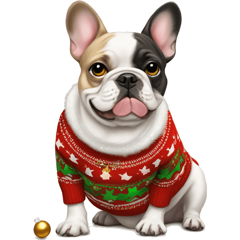 tan female french bulldog in christmas sweater with jingle bells emoji