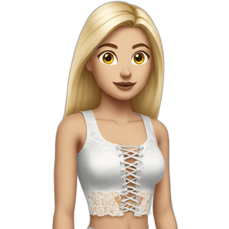 hyperrealistic caucasian female, long straight blonde hair, white lace up crop top, grey mini skirt, body view emoji