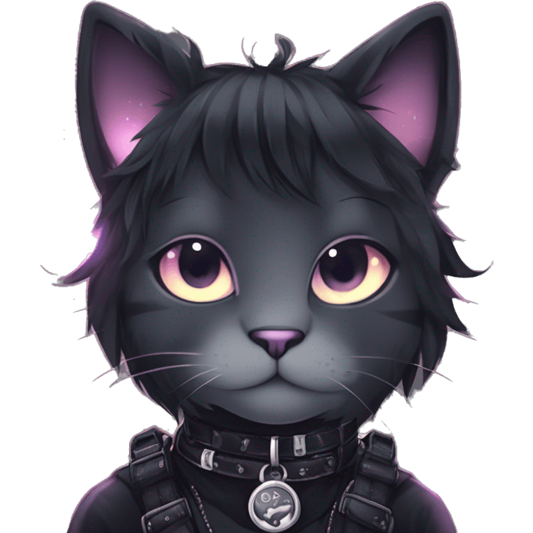 Gorgeous sparkly legendary gradient gothic dark techwear anime style anthro cat with blushing face aesthetic and pretty edgy black with collar and harness trending style emoji