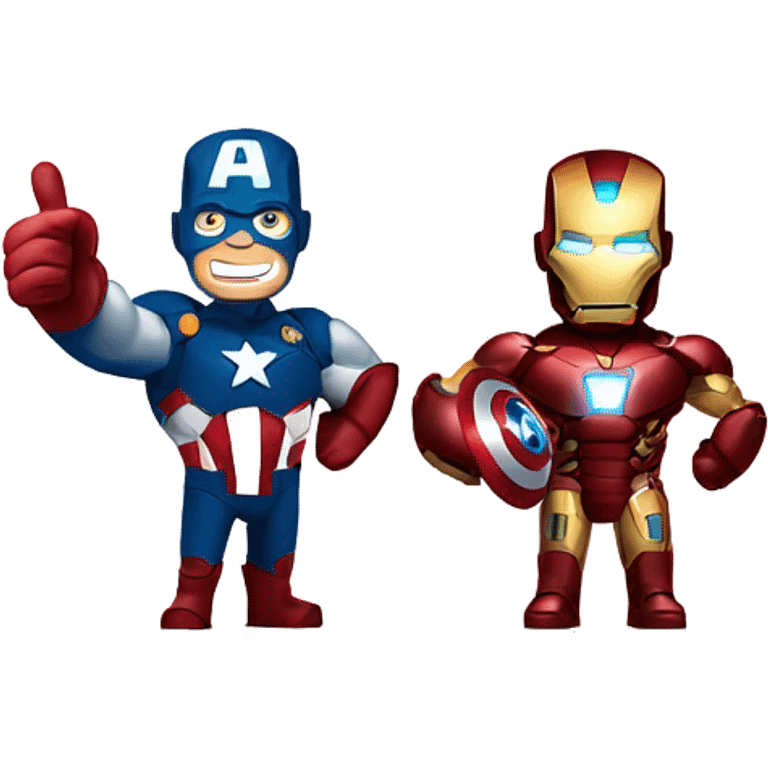 Iron Man and Captain America standing for a picture with one thumbs up emoji