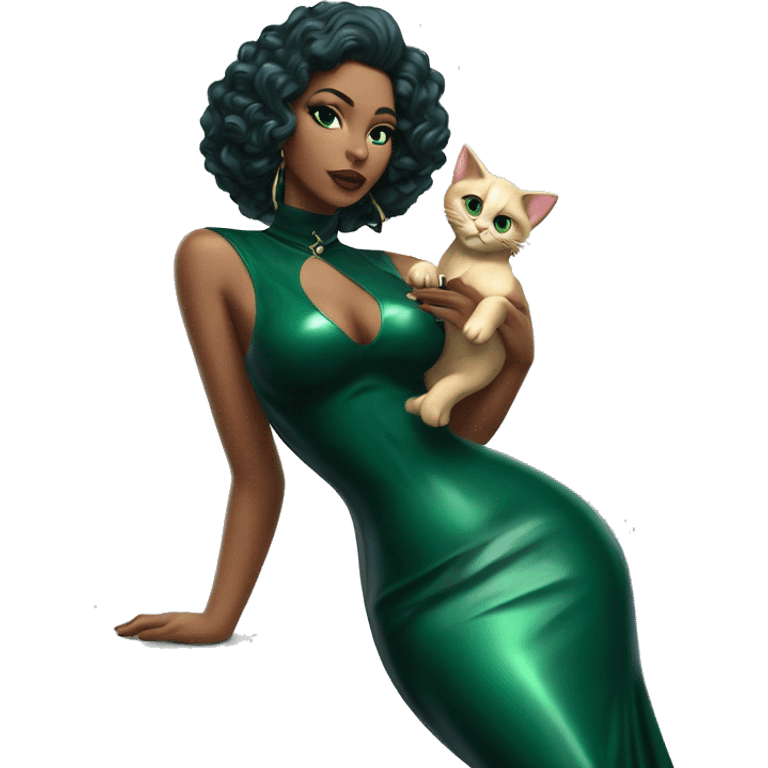 A pin skirt latex dark emerald dress on a female latin goddess with a kitten aura emoji