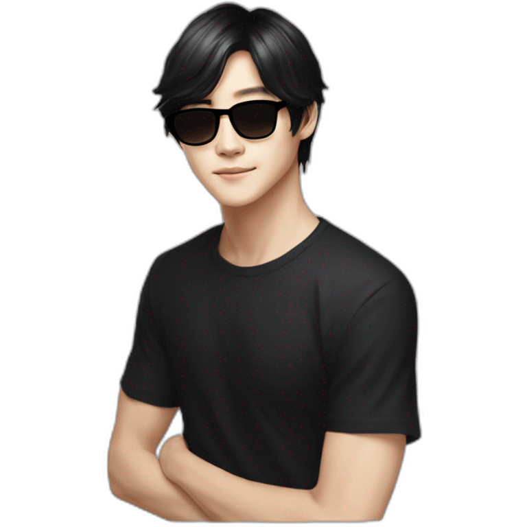 Kim Taehyung with black hair and black glasses with a black shirt and light beige skin emoji