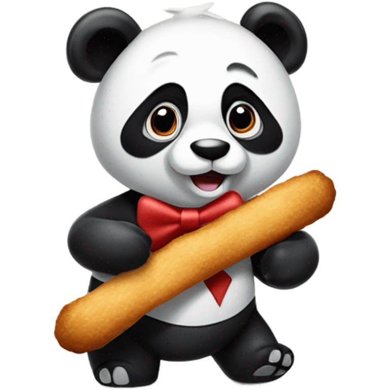 Panda bear with a red bow tie holding a churro emoji