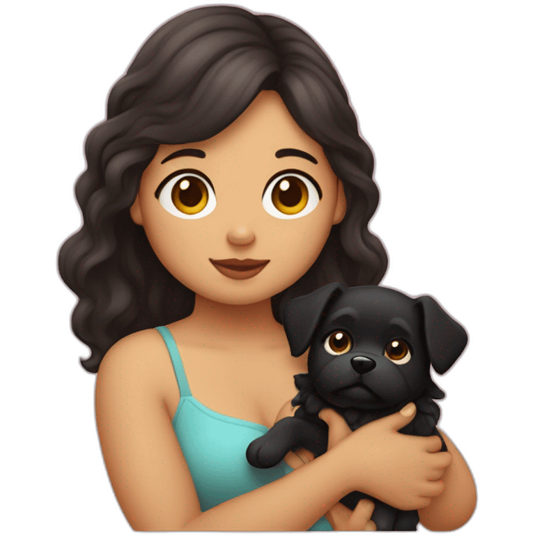 very chubby fair girl with extra wavy black hairs holding dog in her arms emoji