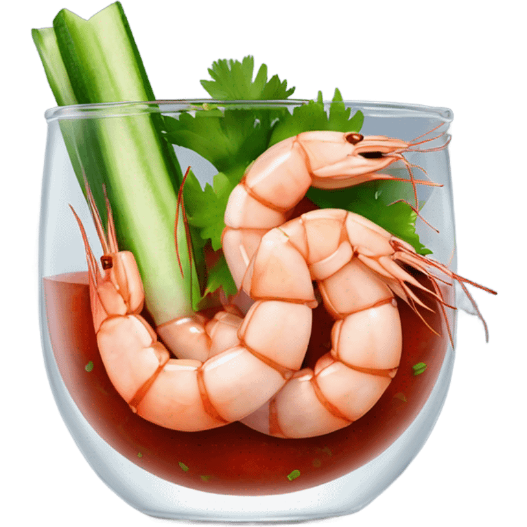 Shrimps in clear glass with red sauce and cilantro and onions cucumber  emoji