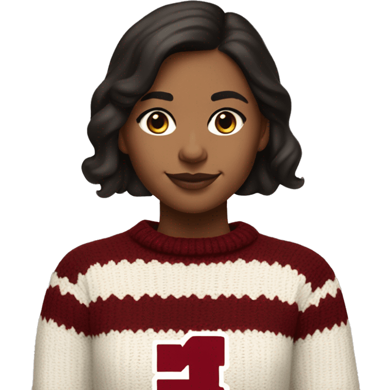 Girl with dark brown hair and warm toned white skin wearing a crimson and white sweater with the black crimson and white Harvard University logo on it  emoji