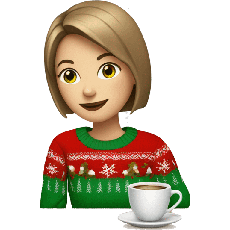 Light brown short haired girl with green eyes drinking coffee wearing red Christmas sweater emoji