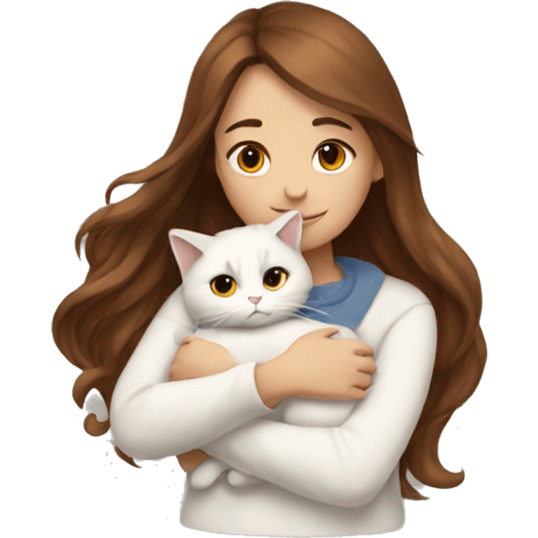 a girl with long brown hair, in a white sweater, hugs a fold cat. emoji