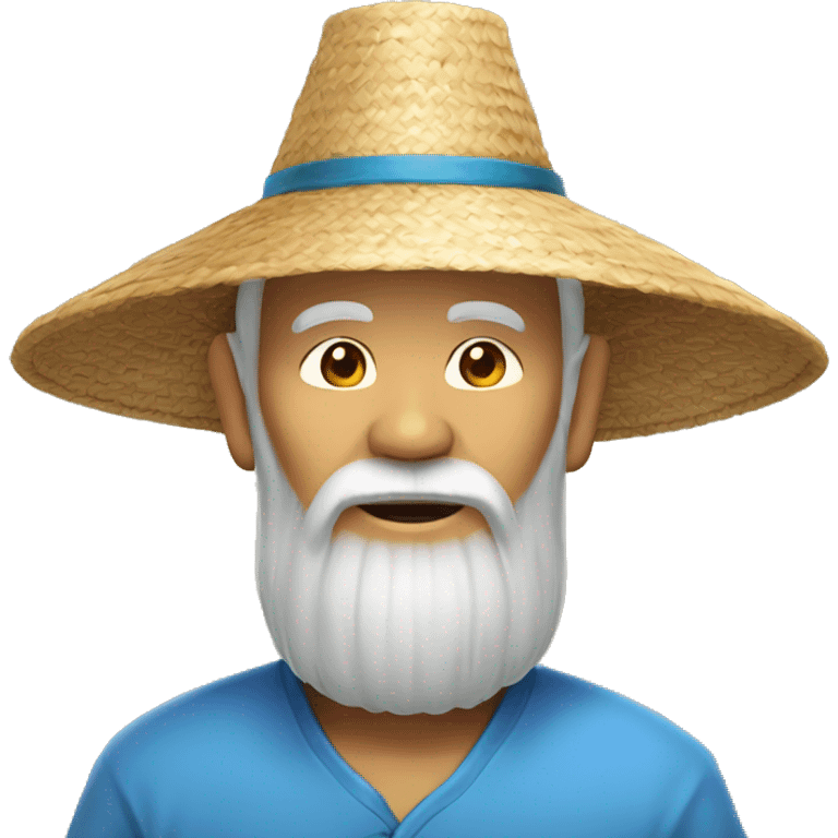 Old Chinese man with traditional straw Chinese hat with a long beard a blue shirt on emoji