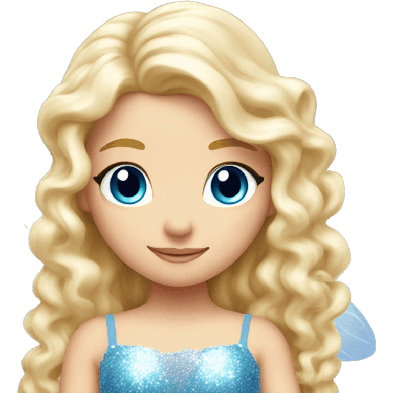 Create a blonde haired fairy with blue eyes and a pink dress with sparkly wings. White wings. The fairy has long, curly hair with a lot of volume emoji