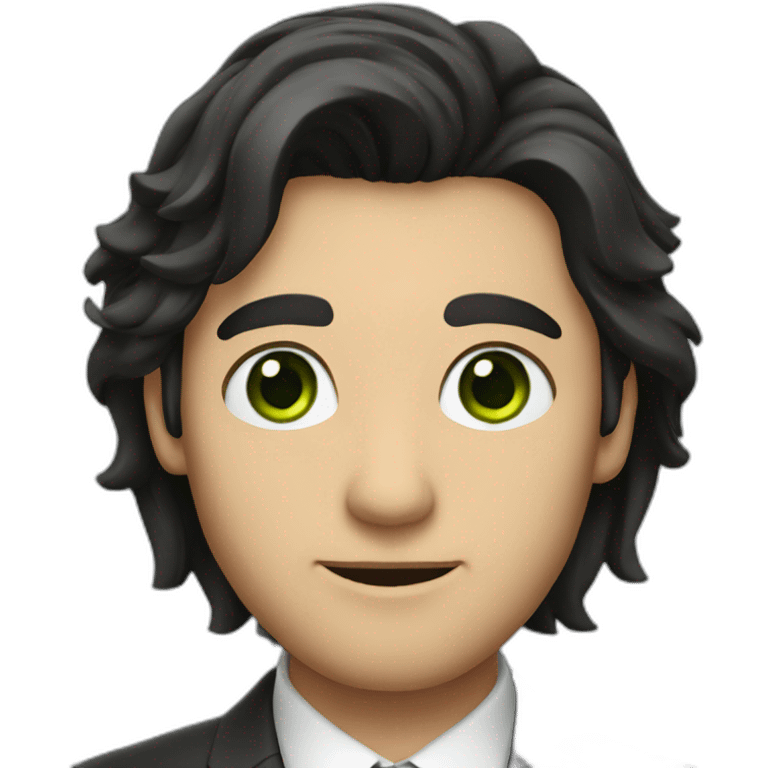 a man with long dark hair in a suit, green eyes emoji