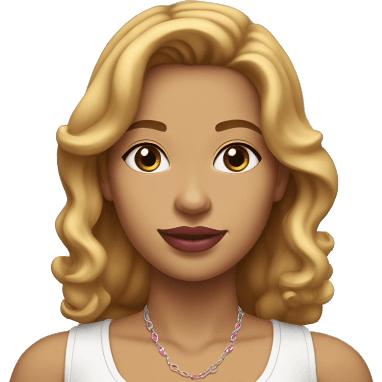 woman with wavy, medium-length honey blonde hair with highlights. She has a round face, light brown skin, thick arched eyebrows, dark brown eyes, and pink lipstick. She wears a white T-shirt, a delicate necklace, and small earrings.  emoji