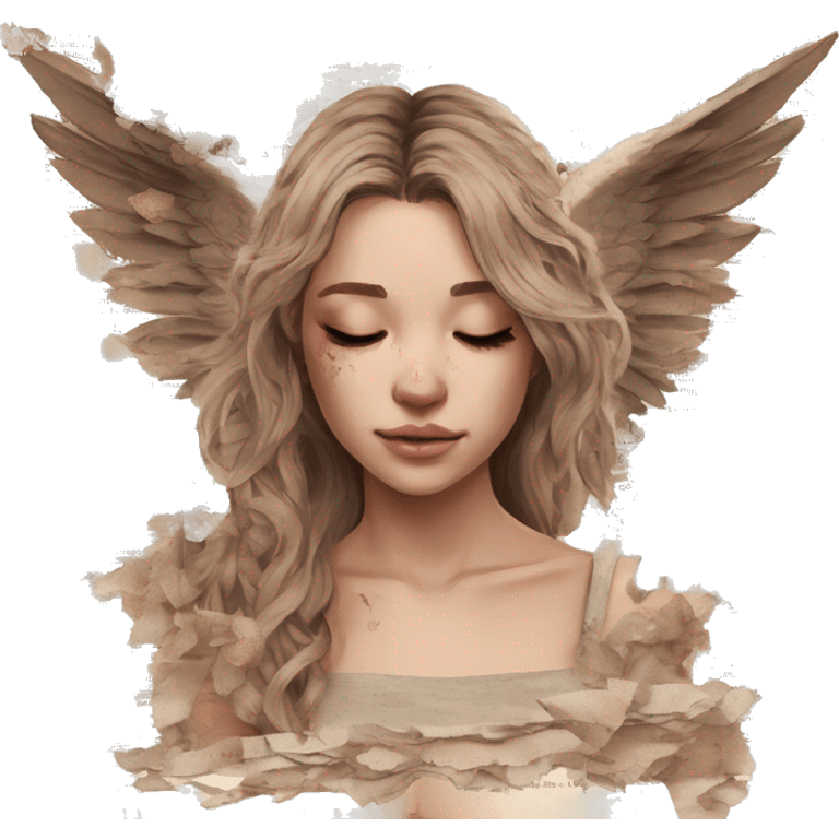 Library book bookworm academia aesthetic beige angel broken angel fallen angel tattoos with broken wing damaged wing torn wing, made of newspaper cuttings and dried flowers brown flowers emoji