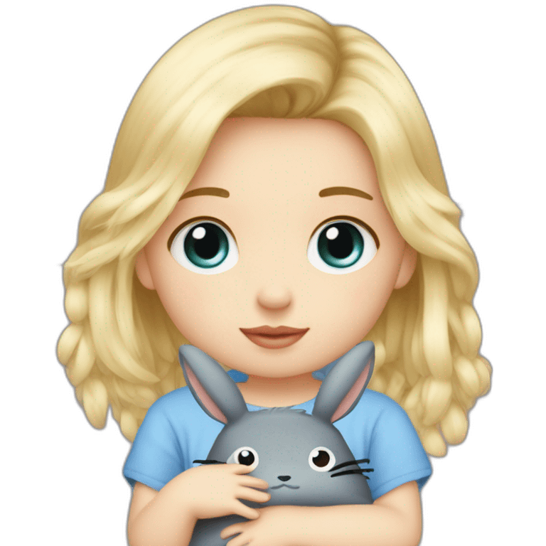 bébé fille blonde décoiffée aux yeux bleus avec une peluche Totoro  emoji