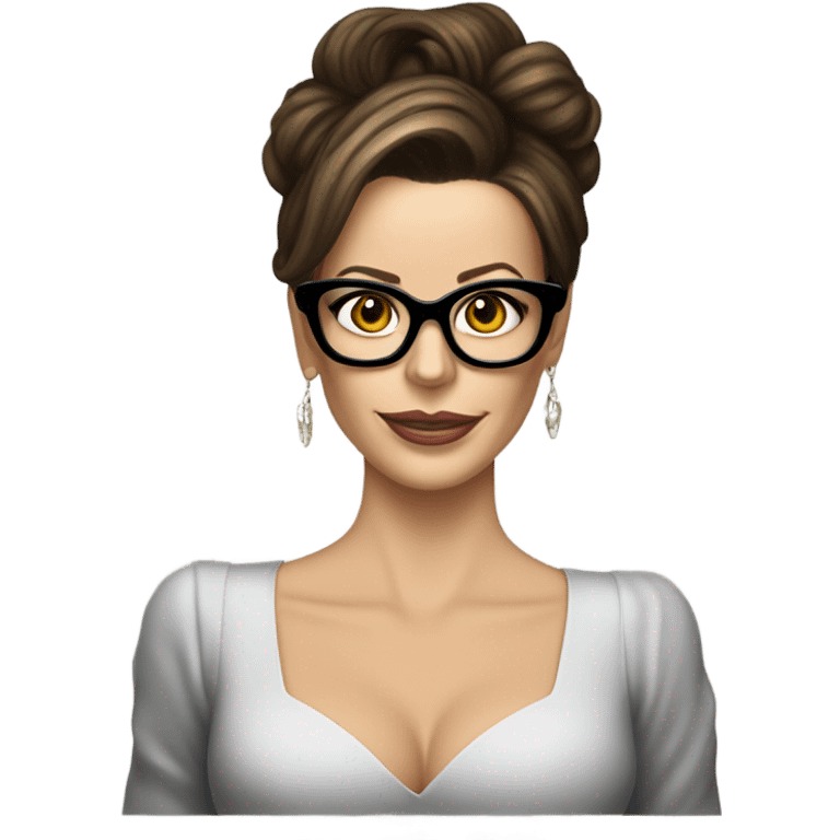 Kate Beckinsale, glasses, updo holding laptop emoji