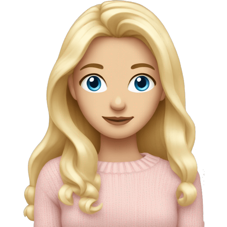 Beautiful girl with blue eyes and long blonde hair wearing light pink sweater emoji