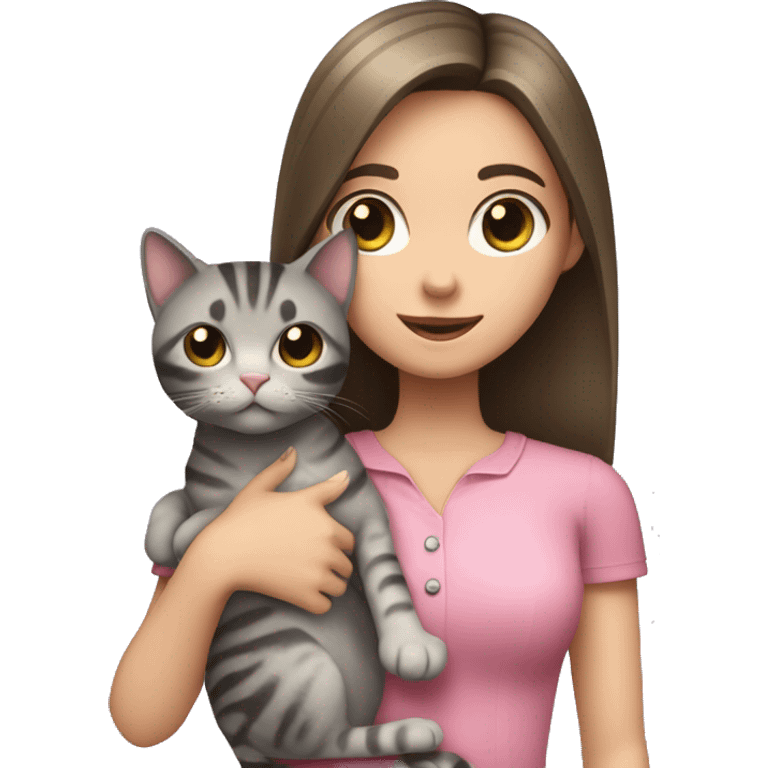 Brunette girl with straight hair in a pink blouse, holding a gray, striped, brown-eyed cat with a bow in her arms emoji