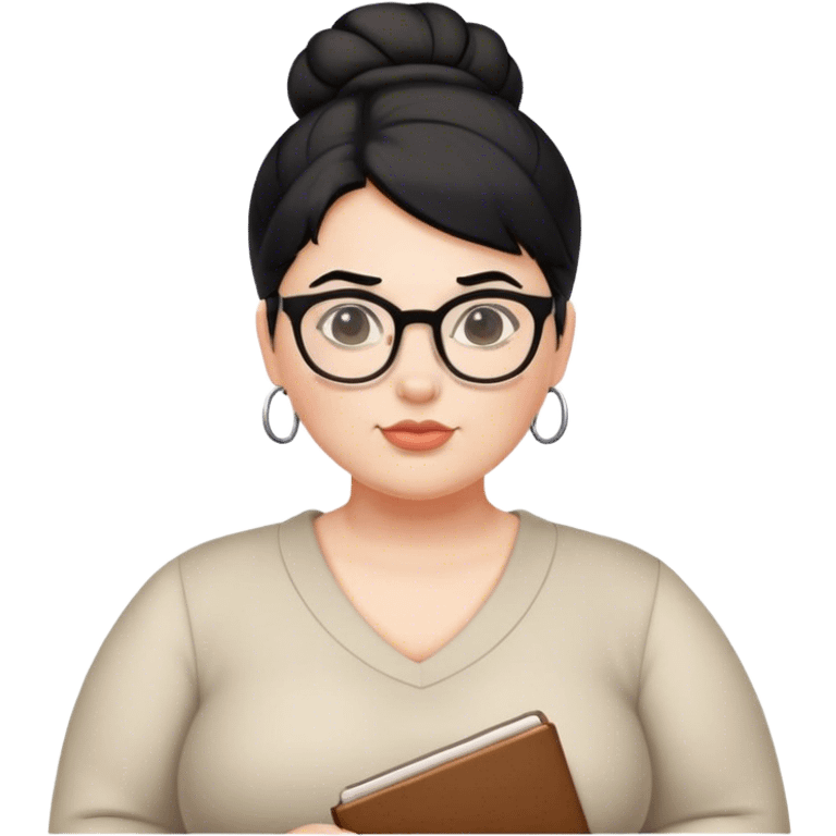 pale chubby female teacher with black hair in a updo bun, wearing glasses emoji