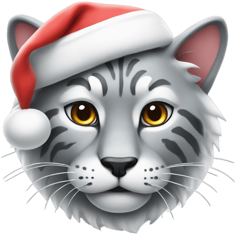 Grey big cat with white accents wearing a Santa hat emoji