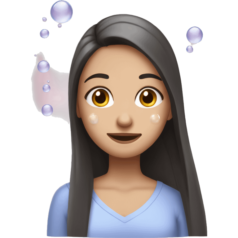 Brunette long straight hair girl washing face with bubbles emoji