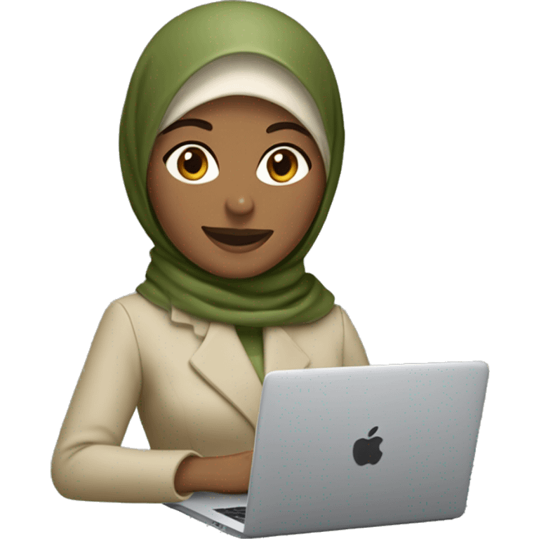 memoji of a woman with a laptop in front, apple-style,modern with olive green hijab on head,beige color coat, indian, fair, working on laptop with smile on face emoji