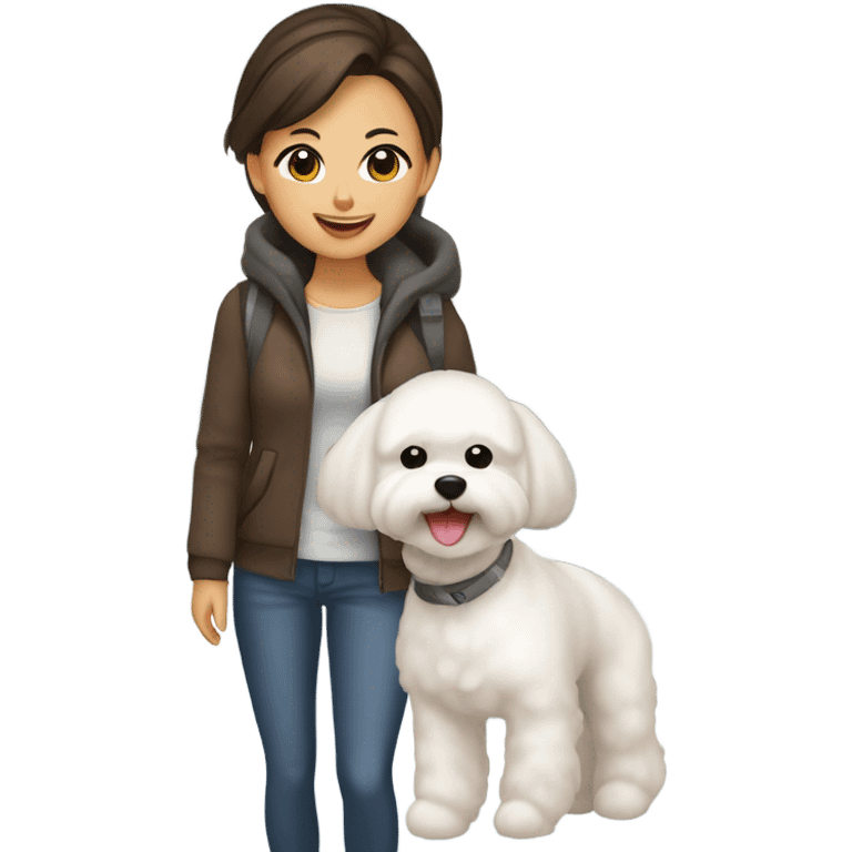 A hair-in-a-bun Asian woman, with brown hair, holding a cute and happy Bichon Frise at the airport  emoji