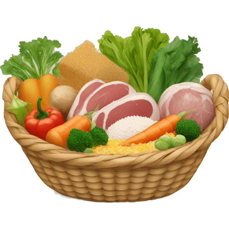 basket with vegetables, meat, rice, cereals emoji