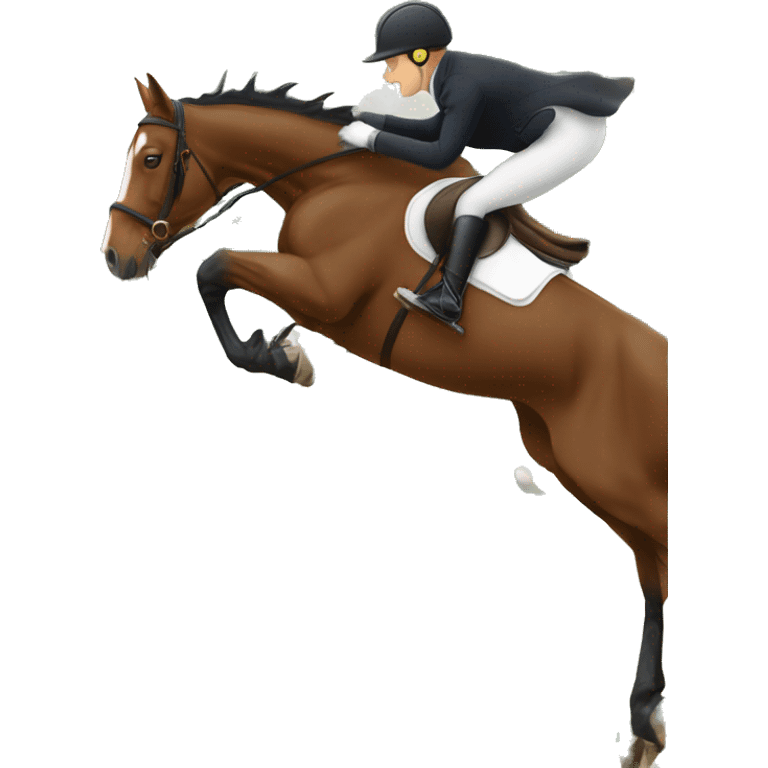 Warmblood horse jumping over a grand prix obstacle with a rider in competition attire riding it  emoji