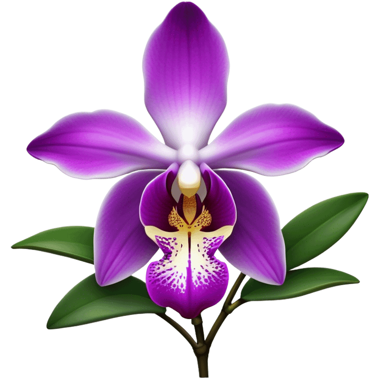 Cinematic Realistic Orchid Emoji, Exotic and elegant, with intricate, velvety petals in deep purple and white, forming a delicate and symmetrical blossom. The slender green stem holds the flower high, while surrounding leaves add lush contrast. Soft glowing outline, capturing the essence of rare beauty and sophistication in a captivating orchid. emoji