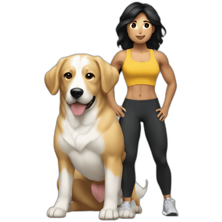 crossfit woman with black hair, white and doing lowering. And a golden dog at her side emoji