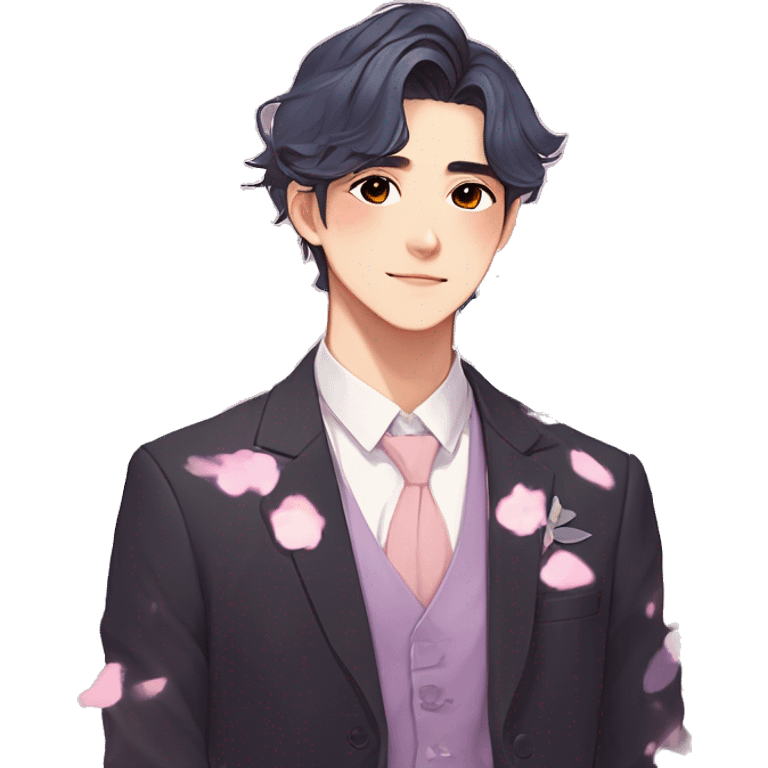 Gorgeous romantic anime style Asian formal modern gentlemanly guy with pretty hair and flower petals and blushing face aesthetic trending style with colorful gradient colors  pastelcore cottagecore kawaiicore emoji