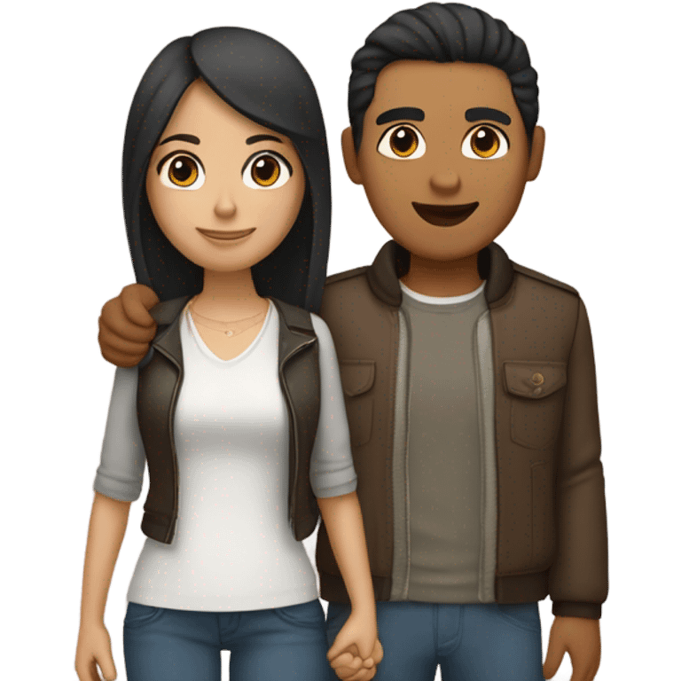 a couple holding hands. the guy has black middle part hair and is Persian and Filipino mix, wearing a jacket. the girl has brown hair white and asian mix, wearing a crop top. emoji